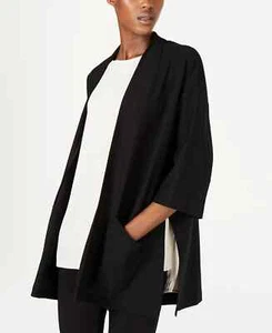 Cárdigan kimono delantero abierto Eileen Fisher S negro crepé bolsillos cápsula mínima - Imagen 1 de 15