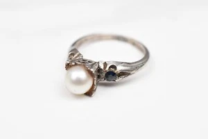 Antique Sterling Silver Ring Size 5 High Crown Pearl & Genuine Sapphire 2.3g - Picture 1 of 10