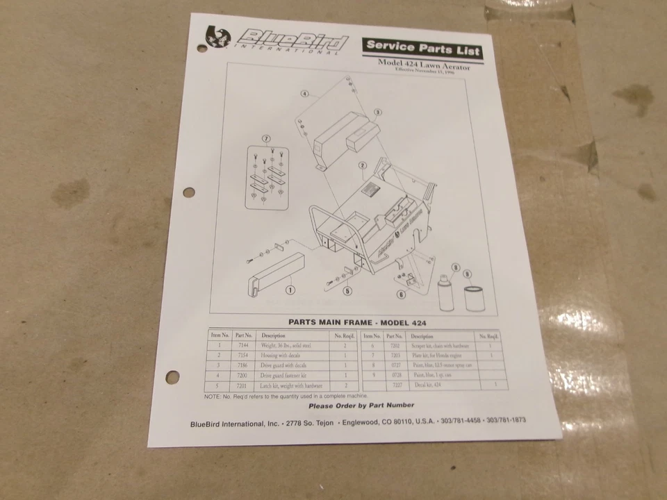 BLUEBIRD SERVICE PARTS LIST MODEL 424 LAWN AERATOR - Image 1 of 1