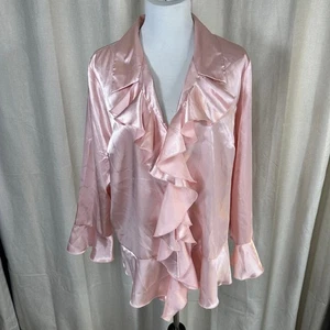 Denim 24/7 Blouse Top Womens Size Pink Satin Ruffle Button Front Bell Sleeve - Picture 1 of 17