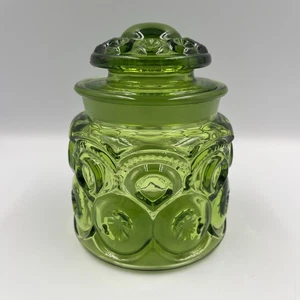 Vintage LE Smith grün Glas Mond und Sterne Deckel Kanister Satin Deckel 5" hoch - Bild 1 von 11