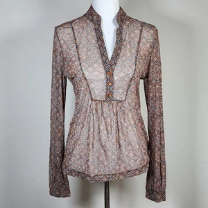 Mexx Blouse Womens Medium Sheer Long Sleeve Orange Brown Retro 70s Librarian - Picture 1 of 13