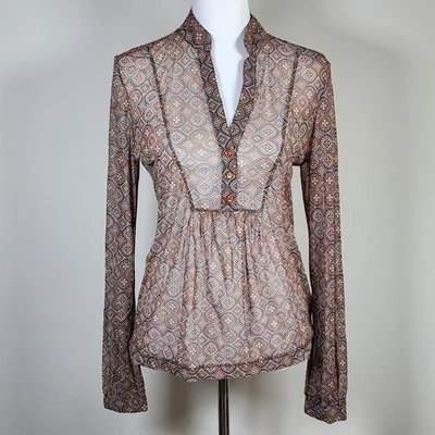Mexx Blouse Womens Medium Sheer Long Sleeve Orange Brown Retro 70s Librarian - Image 1 of 4