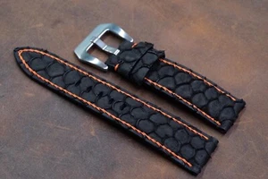 Black Carp Fish Leather Watch Strap With Diamond Stitching - Picture 1 of 6