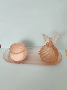 Vintage 4 Piece Frosted Pink Glass Vanity Set - Picture 1 of 10