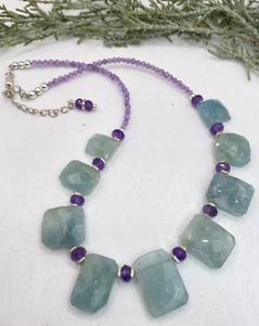 Sterling artisan, hand faceted aquamarine and amethyst necklace - 18" - Picture 1 of 7