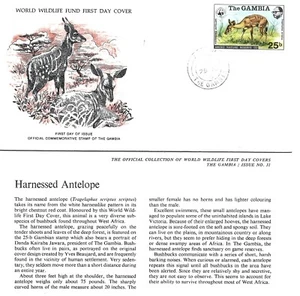 GAMBIA 1976. FOUR WORLD WILDLIFE. FIRST DAY COVERS PLUS INFO. CARDS. - Picture 1 of 4