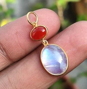 18K Solid Gold Moonstone & Carnelian Gemstone Charm Handmade Necklace Pendant - Picture 1 of 3