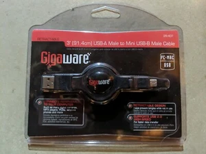 Gigawear 3 Ft. Retractable USB Computer Cable NEW ~ USB Male to Mini USB Male - Picture 1 of 2