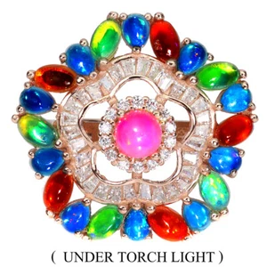 925 Sterling Silver Ring Round Pink Fire Opal 5mm Blue Opal Gemstone Jewelry Sz - Picture 1 of 13