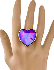 Iridescent Fuchsia Heart Crystals Adjustable Statement Cocktail Party Fun Ring