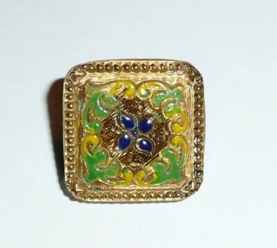 Beautiful Flower Motif Vintage Czech Square Glass Shank Button Green Yellow Blue - Image 1 of 4