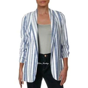 AQUA Made in USA Blue White Striped Open Front Blazer Jacket 3/4 Sleeves L New - Picture 1 of 1
