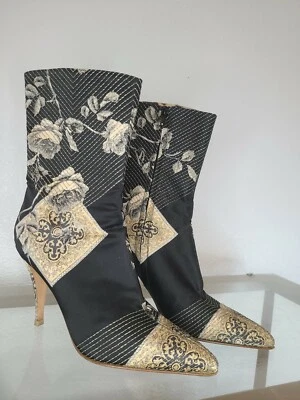 Roberto Cavalli Brocade Heel Boots, rose floral print black & gold 39 US 8 /8.5 - Image 1 of 4