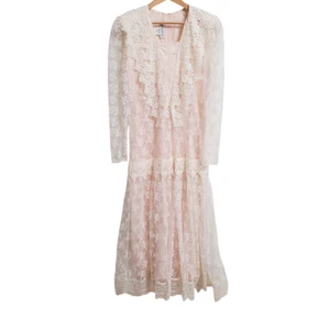 Jessica McClintock Bridal Vintage Ivory Lace Overlay Maxi Dress 10 Long Sleeve - Picture 1 of 18