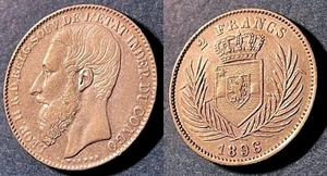 Congo Free State 1896 2 Francs KM-7 Silver (.835) 100k Minted XF+ to aUNC #100 - Picture 1 of 2