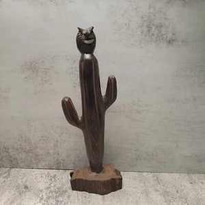 13" VTG Carved Wooden Cactus With Cat Head Dark Wood Marked XO - Picture 1 of 7
