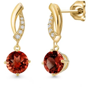 2.45 Ct Round Red Garnet G/H Lab Grown Diamond 10K Yellow Gold Earrings - Picture 1 of 6