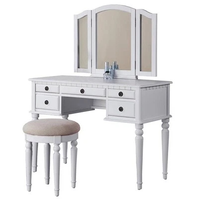 Poundex Furniture Wood Vanity Set with Mirror and Stool in White Color - Image 1 of 4