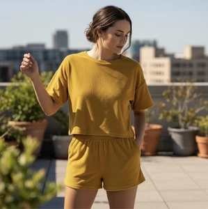 Max Studio Frottee Damen Top und Short Set in Senfgelb Medium - Bild 1 von 11