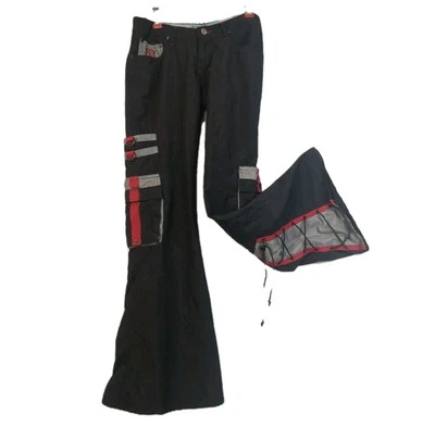 Pantalones De Colección Y2K MacGear MacGirl Talla 28x31 Pierna Acampanada Rave Gótico Negro Rojo Plata Foto 1 de 4
