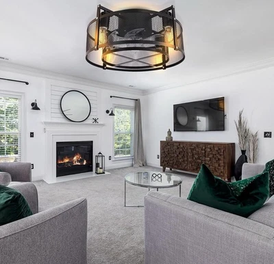 Caged Ceiling Fans 16” with Lights Black Industrial Flush Mount - Image 1 of 4