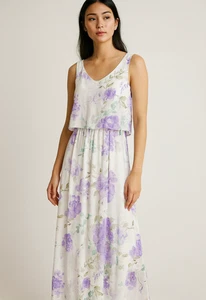 Lila Blumen Kleid M Blouson Maxi ärmellos gefüttert Garten Party Resort Wear - Bild 1 von 6