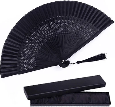 Silk Folding Fan, Bamboo Wood Hand Fan Japanese Vintage Retro Style Handmade...  - Image 1 of 4