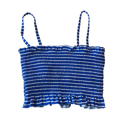 Xhilaration Bikini Top Smocked Removable Cups Shelf Bra Ruffle Striped Blue M - Image 1 of 3