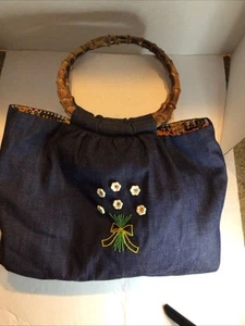 Denim Purse With Button Flowers & Embroidered Stems & Bow, Bamboo Handles VTG - Picture 1 of 5