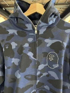 A Bathing Ape BAPE Head Hoodie Blue Navy Camo Swarovski  Full Zip Sz L Rare - Picture 1 of 7