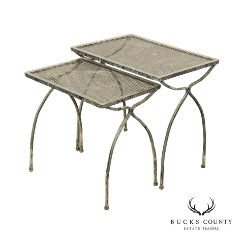 Mid Century Modern Pair of Wrought Iron Patio Nesting Tables Cover