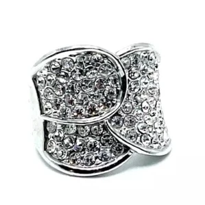 Swarovski Elements Estate Silver Wide Crystal Bypass Cocktail Statement Ring - Picture 1 of 6