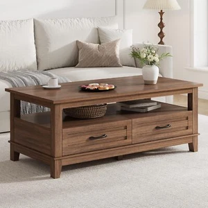 Coffee Table with Drawers, Center Table Rustic Tables Walnut Living Room Table - Picture 1 of 14