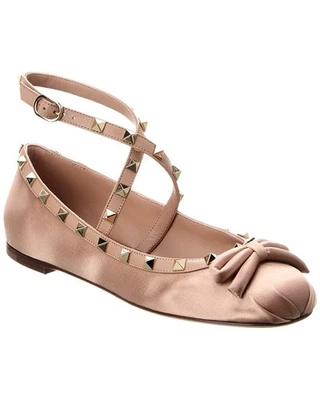Valentino Rockstud satinado y cuero plano para mujer rosa 39 Foto 1 de 4