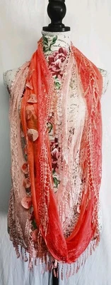 Lote De 2 Bufandas Encaje Embellecido Apliques Rosa Y Naranja Bordado Borlas  Foto 1 de 4