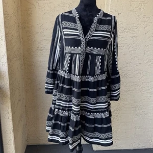 Elan Aztekenmuster Babydoll Minikleid Gr. M schwarz weiß Baumwolle 3/4 Arm V-Ausschnitt - Bild 1 von 17
