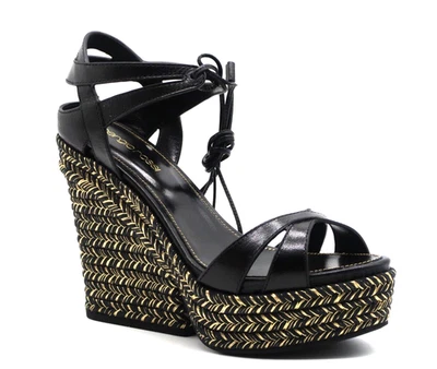 Sandalias SERGIO ROSSI Alpargata Cuero Negro Trozo Cuña Metálicas Tirantes Talla 36 Foto 1 de 4