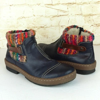 Rieker Felicitas Boots Women 41 9.5 Blue Faux Leather Knit Cuff Ankle Z6784 - Image 1 of 4