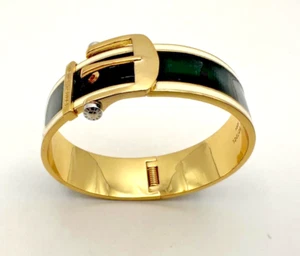 BEAUTIFUL HENRI BENDEL NEW YORK BLACK & WHITE GOLD PLATED BUCKLE BANGLE BRACELET - Picture 1 of 10