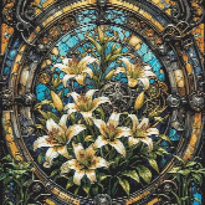 Lilies and Stained Glass, Steampunk Style. PatternKeeper compatible PDF. - Picture 1 of 4