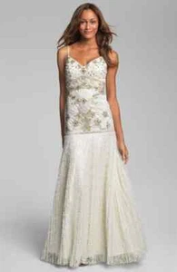SUE WONG Beaded Bodice Drop Waist Wedding Gown Sz 8 White - Picture 1 of 2