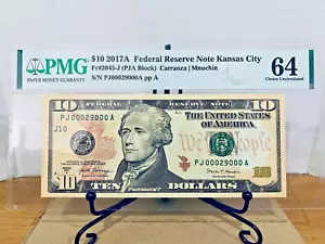 2017-A $10 FRN PMG 67EPQ Fantasy BASSO 5 CIFRE Serie #PJ00029000A con nota bonus - Foto 1 di 4