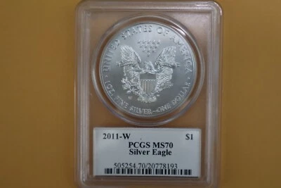 2011 W (BURNISHED) SILVER EAGLE PCGS MS70  MERCANTI SIGNED - Image 1 of 4