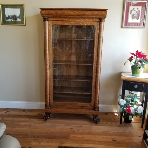 Antique Oak Bookcase China Cabinet - Single Door- Wavy Glass - Paw Feet Cover