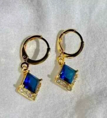 Drop Dangle Earring Princess Cut 2Ct Lab-Created Sapphire 14K Yellow Gold Plated - Image 1 of 4