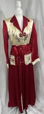 Vintage Moorson Chinese Silk Embroidered Robe Jacket Peacock Red Long Size Small - Image 1 of 4
