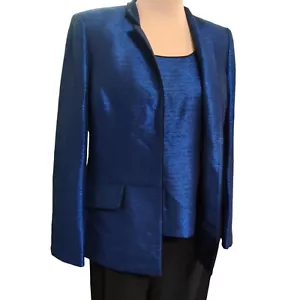 Kasper Womens 3 piece suit set blazer tank pants black shiny blue career sz 10 - Picture 1 of 12