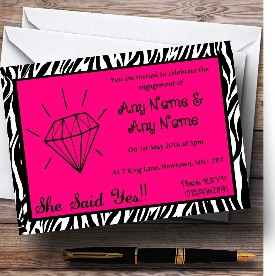Pink Diamond Zebra Print Personalised Engagement Party Invitations - Image 1 of 1