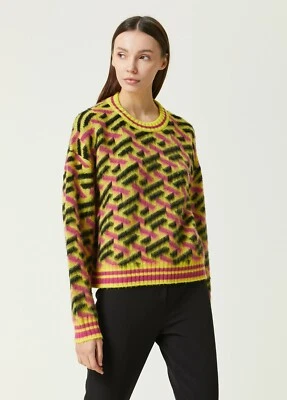 VERSACE La Greca yellow pink & black Greek key logo wool sweater 4 US / 40 IT - Image 1 of 4